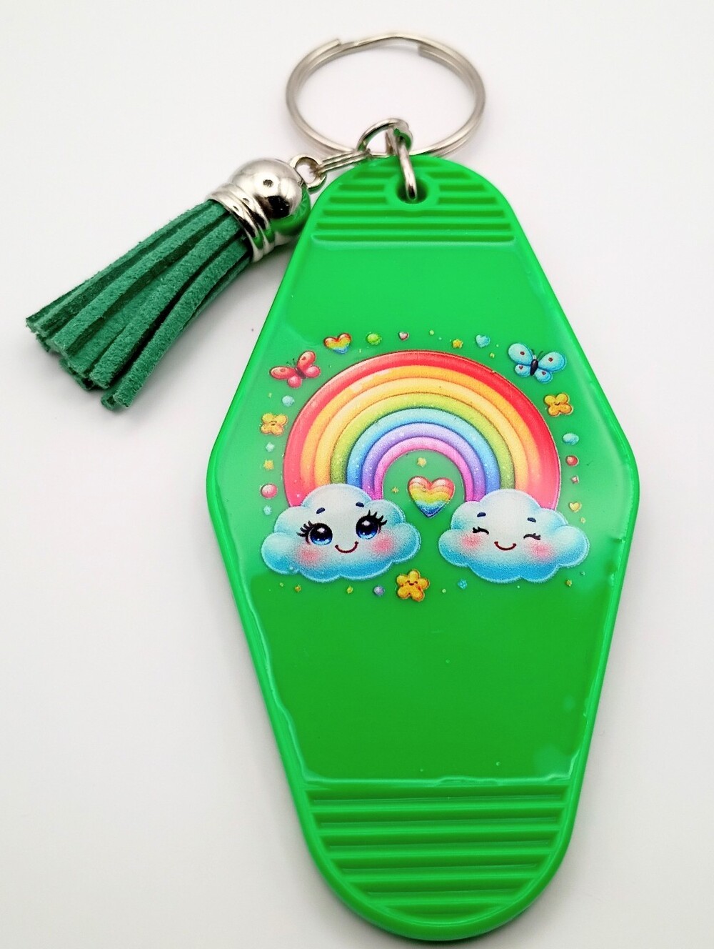 Motel Keychain Custom Retro Styled Green Rainbow Cloud Keychain With Tassel - Picture 2 of 2
